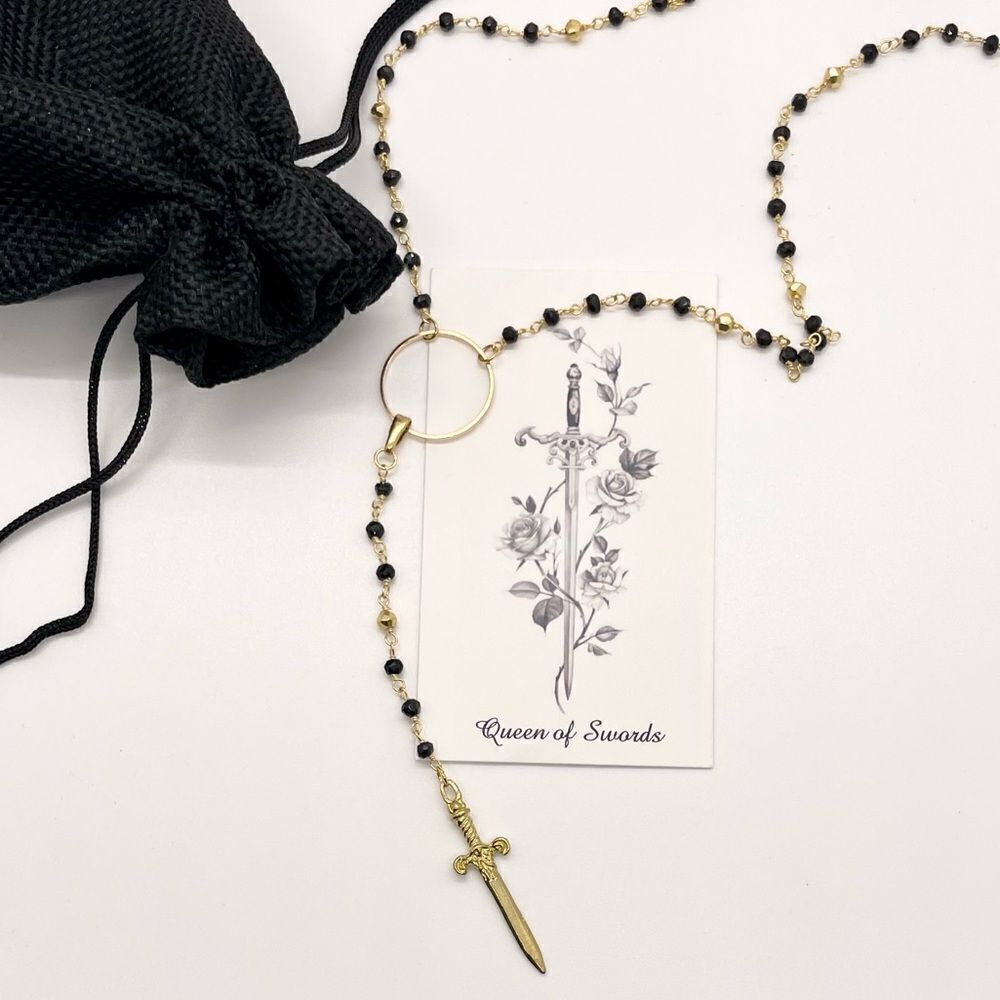 14K Gold Pyrite & Onyx Crystal wire wrapped rosary necklace with Excalibur Sword